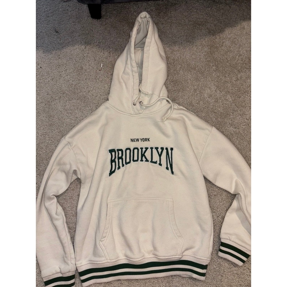 Lazy Sunday Brooklyn New York Graphic Hoodie Cream Green Pullover Women's XS